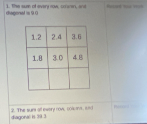 The sum of every row, column, and Record 'Your Work 
diagonal is 9.0
2. The sum of every row, column, and Record Y 
diagonal is 39.3