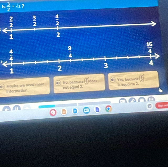 Is  3/2 =sqrt(2) ?
2
Maybe we need more ON 3 because beginpmatrix 3 2end(pmatrix)^2 does Yes, because ( 3/2 )^2
information. not equal 2. is equal to 2.
Sigh out