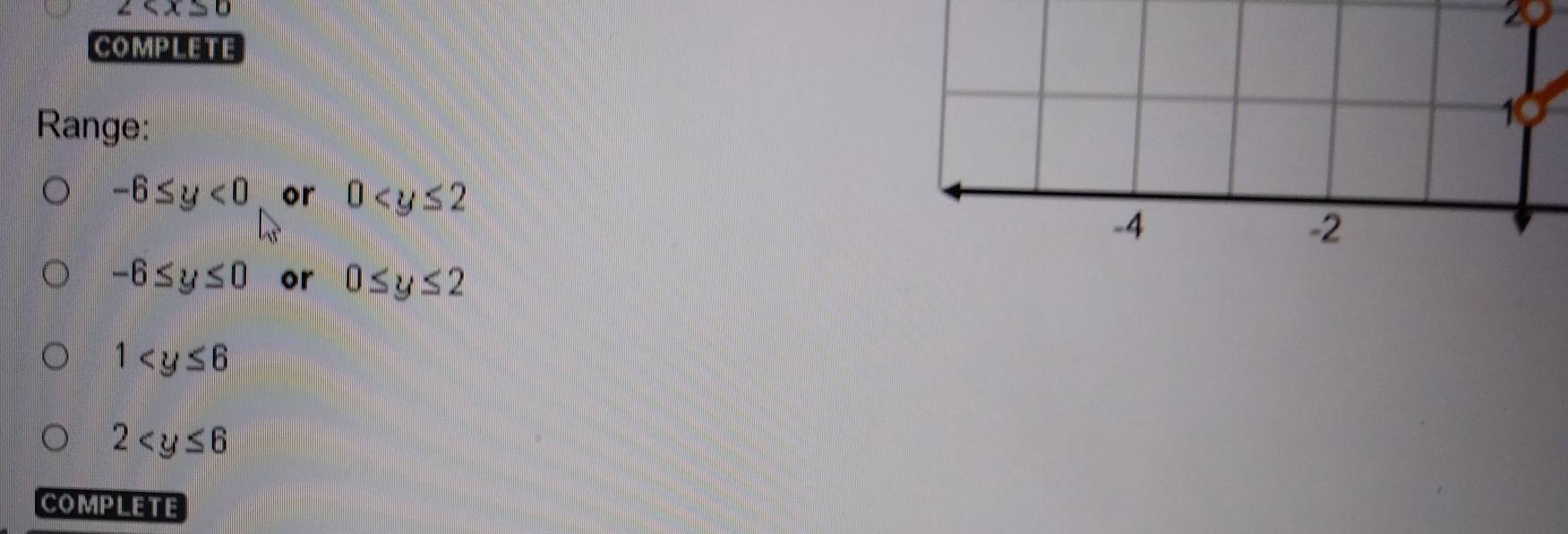 2
COMPLETE 
Range:
-6≤ y<0</tex> or 0
-6≤ y≤ 0 or 0≤ y≤ 2
1
2
COMPLETE