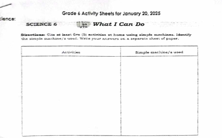 Grade 6 Activity Sheets for January 20, 2025 
dience: 
SCIENCE 6 What I Can Do 
Discctions: Cite at least five (5) activities at home using simple machines. Identify 
the simple machine/s used. Write your answers on a separate sheet of paper.