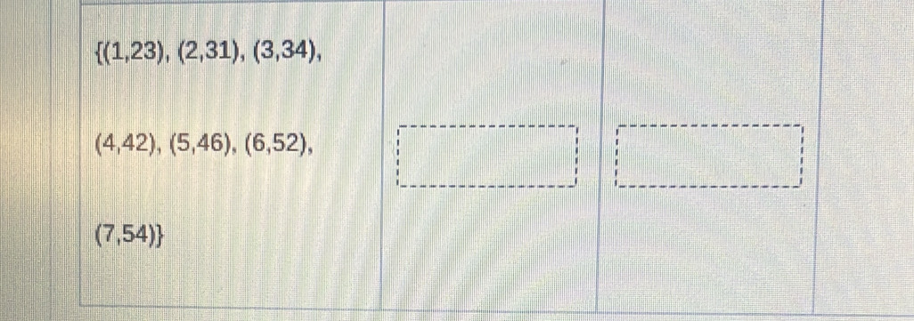  (1,23),(2,31),(3,34),
(4,42),(5,46),(6,52),
(7,54)