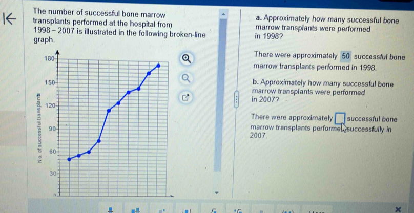 The number of successful bone marrow a. Approximately how many successful bone
transplants performed at the hospital from marrow transplants were performed
1998 - 2007 is illustrated in the following broken-line in 1998?
graph.
There were approximately 50 successful bone
marrow transplants performed in 1998.
b. Approximately how many successful bone
marrow transplants were performed
in 2007?
There were approximately successful bone
marrow transplants performe successfully in
5
2007.
.
x