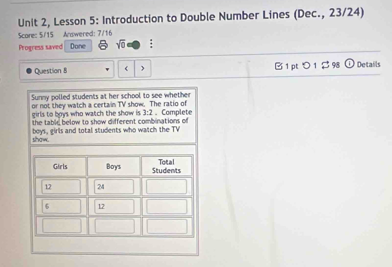 Unit 2, Lesson 5: Introduction to Double Number Lines (Dec., 23/24) 
Score: 5/15 Answered: 7/16 
Progress saved Done sqrt(0) 
Question 8 [ 1 pt つ 1 2 98 ⓘ Details 
Sunny polled students at her school to see whether 
or not they watch a certain TV show. The ratio of 
girls to boys who watch the show is 3:2. Complete 
the table below to show different combinations of 
boys, girls and total students who watch the TV 
show.