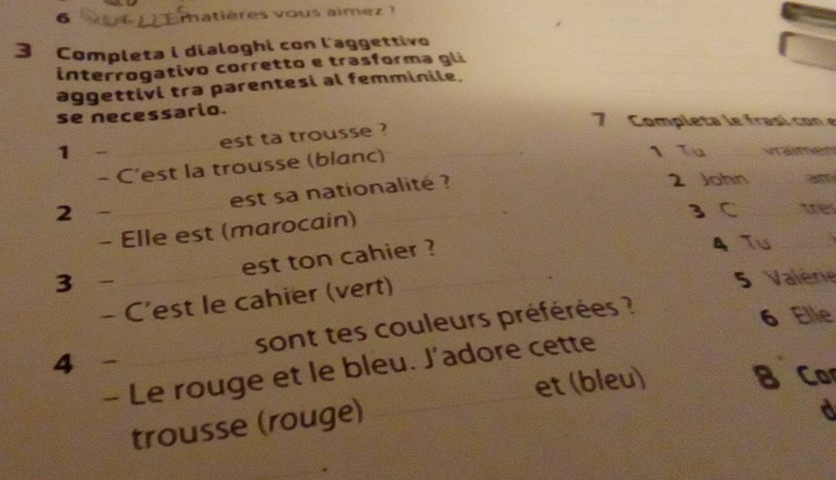 matières vous aimez ? 
3 Completa i dialoghi con l'aggettivo 
interrogativo corretto e trasforma gli 
aggettivi tra parentesi al femminile, 
se necessario. 
7 Comp let e rasi 
est ta trousse ? 
1 __1 Tu vraimen 
- C'est la trousse (blanc) 
est sa nationalité ? 
2 John 
2 __3 C _tres 
- Elle est (marocain) __am 
est ton cahier ? 
4 Tu 
3 
- C’est le cahier (vert) _ 5 Valére 
4 _sont tes couleurs préférées ? 
6 Elle 
- Le rouge et le bleu. J’adore cette 
et (bleu) 8 Co 
trousse (rouge) 
_