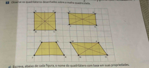 Escreva, abaixo de cada figura, o nome do quadrilátero com base em suas propriedades.