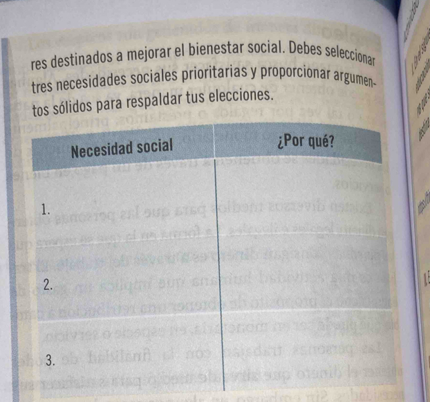 res destinados a mejorar el bienestar social. Debes seleccionar 
tres necesidades sociales prioritarias y proporcionar argumen- 
tos sólidos para respaldar tus elecciones.