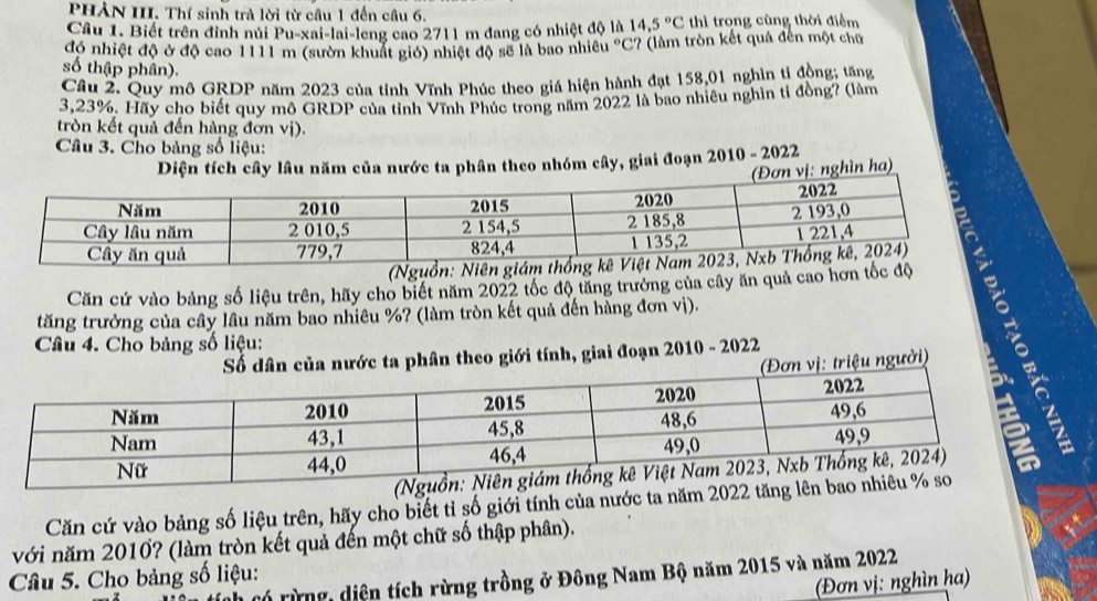 PHẢN III. Thí sinh trả lời từ câu 1 đến câu 6. 
Câu 1. Biết trên đinh núi Pu-xai-lai-leng cao 2711 m dang có nhiệt độ là 14,5°C thì trong cùng thời điểm 
đó nhiệt độ ở độ cao 1111 m (sườn khuất gió) nhiệt độ sẽ là bao nhiêu°C ? (làm tròn kết quả đến một chữ 
số thập phân). 
Câu 2. Quy mô GRDP năm 2023 của tính Vĩnh Phúc theo giá hiện hành đạt 158,01 nghìn tỉ đồng; tăng
3,23%. Hãy cho biết quy mô GRDP của tỉnh Vĩnh Phúc trong năm 2022 là bao nhiêu nghìn tỉ đồng? (làm 
tròn kết quả đến hàng đơn vị). 
Câu 3. Cho bảng số liệu: 
Diện tích cây lâu năm của nước ta phân theo nhóm cây, giai đoạn 2010 - 2022 
n vị: nghìn ha) 
Căn cứ vào bảng số liệu trên, hãy cho biết năm 2022 tốc độ tăng trưởng của cây ăn quả cao hơn 
tăng trưởng của cây lâu năm bao nhiêu %? (làm tròn kết quả đến hàng đơn vị). 
Câu 4. Cho bảng số liệu: 
nước ta phân theo giới tính, giai đoạn 2010 - 2022
: triệu người) 
Căn cứ vào bảng số liệu trên, hãy cho biết tỉ số giới tính của nước ta năm 20
với năm 2010? (làm tròn kết quả đến một chữ số thập phân). 
rừng, diện tích rừng trồng ở Đông Nam Bộ năm 2015 và năm 2022
Câu 5. Cho bảng số liệu: 
(Đơn vị: nghìn ha)