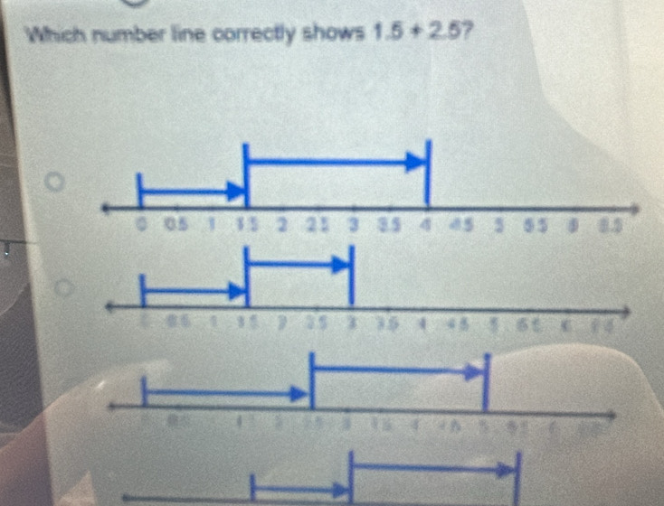 Which number line correctly shows 1.5+2.5 ?