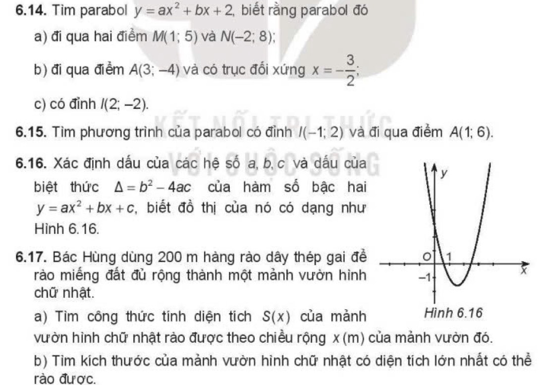 Tim parabol y=ax^2+bx+2 biết rằng parabol đó 
a) đi qua hai điểm M(1;5) và N(-2;8)
b) đi qua điểm A(3;-4) và có trục đổi xứng x=- 3/2 ; 
c) có đỉnh I(2;-2). 
6.15. Tìm phương trình của parabol có đỉnh I(-1;2) và đi qua điểm A(1;6). 
6.16. Xác định dấu của các hệ số a, b, c và dấu của 
biệt thức △ =b^2-4ac của hàm số bậc hai
y=ax^2+bx+c , biết đồ thị của nó có dạng như 
Hình 6.16. 
6.17. Bác Hùng dùng 200 m hàng rào dây thép gai để 
rào miếng đất đủ rộng thành một mành vườn hình 
chữ nhật. 
a) Tìm công thức tính diện tích S(x) của mảnh 
vườn hình chữ nhật rào được theo chiều rộng x (m) của mảnh vườn đó. 
b) Tim kích thước của mành vườn hình chữ nhật có diện tích lớn nhất có thể 
rào được.