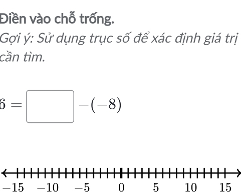 Điền vào chỗ trống. 
Gợi ý : Sử dụng trục số để xác định giá trị 
cần tìm.
6=□ -(-8)
-15