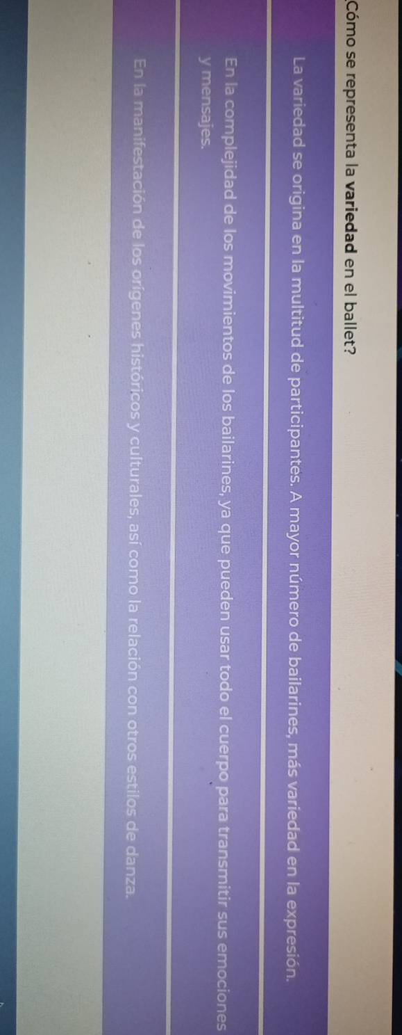 Cómo se representa la variedad en el ballet?
La variedad se origina en la multitud de participantes. A mayor número de bailarines, más variedad en la expresión.
En la complejidad de los movimientos de los bailarines, ya que pueden usar todo el cuerpo para transmitir sus emociones
y mensajes.
En la manifestación de los orígenes históricos y culturales, así como la relación con otros estilos de danza.