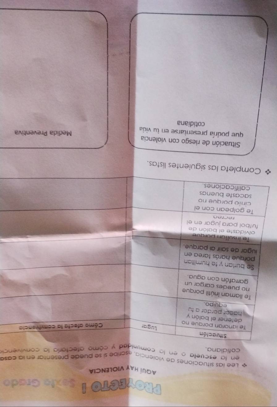 PROYECTO I Sexio Grado 
AQUÍ HAY VIOLENCIA 
Lee las situaciones de vioiencia, escribe si se puede presentar en la casá 
en la escuela o en la comunid y cómo afectaría la convivenci 
cotidiana. 
Cómo afecta la convivencia 
ientes listas. 
Situación de riesgo con violencia 
que podría presentarse en tu vida 
Medida Preventiva 
cotidiana