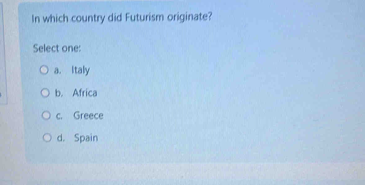 In which country did Futurism originate?
Select one:
a. Italy
b. Africa
c. Greece
d. Spain