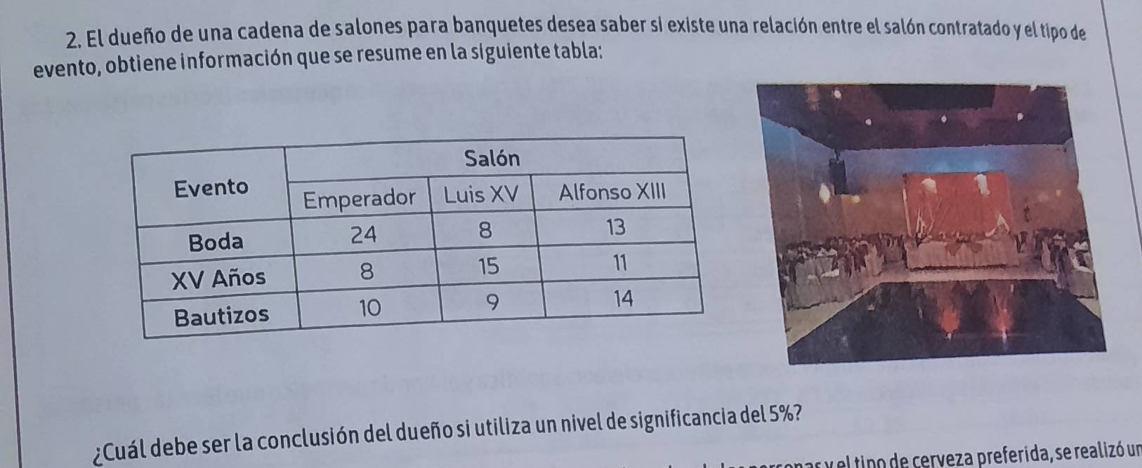 El dueño de una cadena de salones para banquetes desea saber si existe una relación entre el salón contratado y el tipo de 
evento, obtiene información que se resume en la siguiente tabla: 
¿Cuál debe ser la conclusión del dueño si utiliza un nivel de significancia del 5%? 
r y el tipo de cerveza preferida, se realizó un