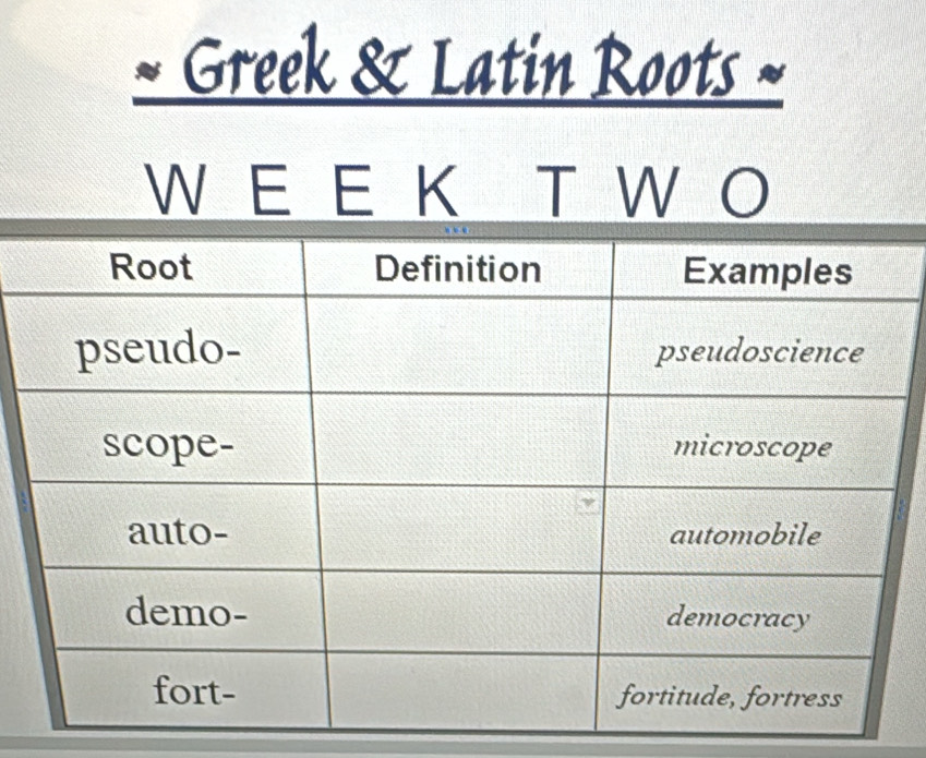 Greek & Latin Roots 
W E E K T W O