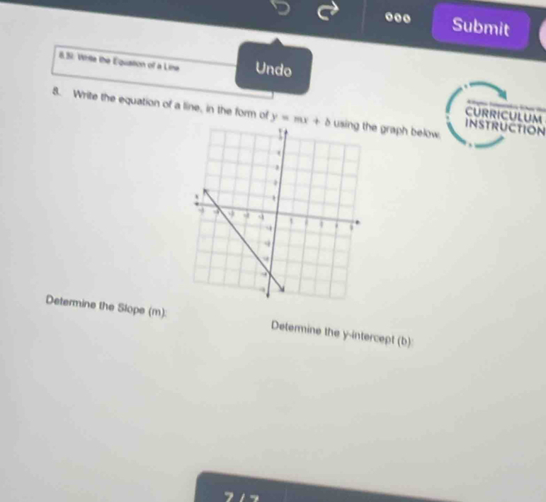 ... Submit 
85. Wrte the Equation of a Line Undo 
8. Write the equation of a line, in the form of y=mx+b e graph below. 
CURRICULUM 
INSTRUCTION 
Determine the Slope (m): Determine the y-intercept (b):