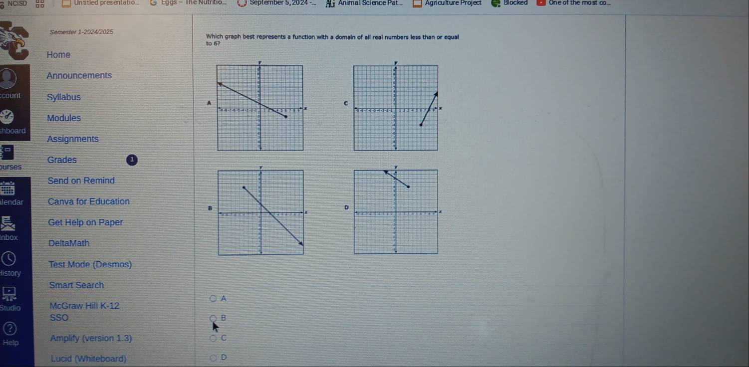 NCISD Eggs - The Nutritio.. September 5, 2024 -... Animal Science Pat. Blocked 
Semester 1-2024/2025 Which graph best represents a function with a domain of all real numbers less than or equal 
to 6? 
Home 
Announcements 
count Syllabus 
c 
Modules 
shboard 
Assignments 
Grades 
ourses 
Send on Remind 
lendar Canva for Education 
D 
Get Help on Paper 
Inbox DeitaMath 
Test Mode (Desmos) 
listory 
Smart Search 
A 
tudio McGraw Hill K-12 
SSo B 
Hel Amplify (version 1.3) C 
Lucid (Whiteboard) 
D