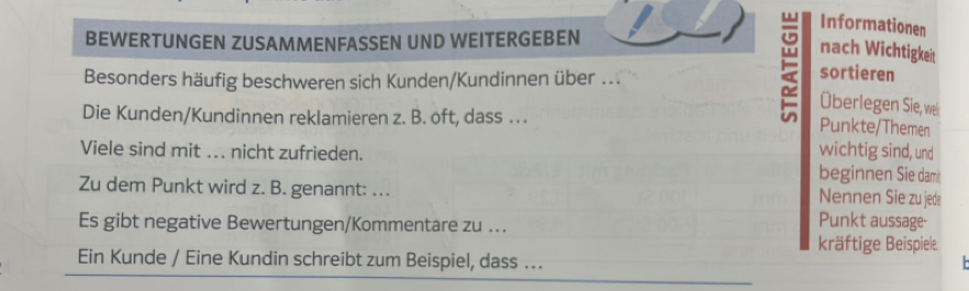 Informationen 
BEWERTUNGEN ZUSAMMENFASSEN UND WEITERGEBEN 
nach Wichtigkeit 
Besonders häufig beschweren sich Kunden/Kundinnen über ... 
sortieren 
Überlegen Sie, we 
Die Kunden/Kundinnen reklamieren z. B. oft, dass . . . 
Punkte/Themen 
Viele sind mit ... nicht zufrieden. 
wichtig sind, und 
beginnen Sie dami 
Zu dem Punkt wird z. B. genannt: ... Nennen Sie zu jede 
Es gibt negative Bewertungen/Kommentare zu .. 
Punkt aussage. 
kräftige Beispiele. 
Ein Kunde / Eine Kundin schreibt zum Beispiel, dass ….