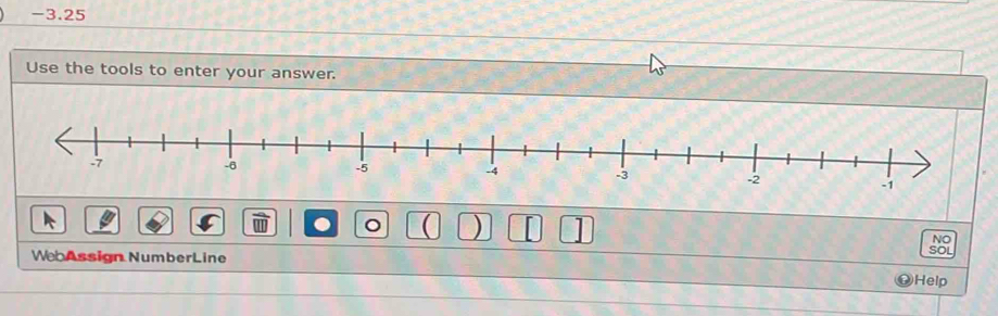 3.25 
Use the tools to enter your answer. 
。 ( ) SOL 
NO 
WebAssign NumberLine 
Help