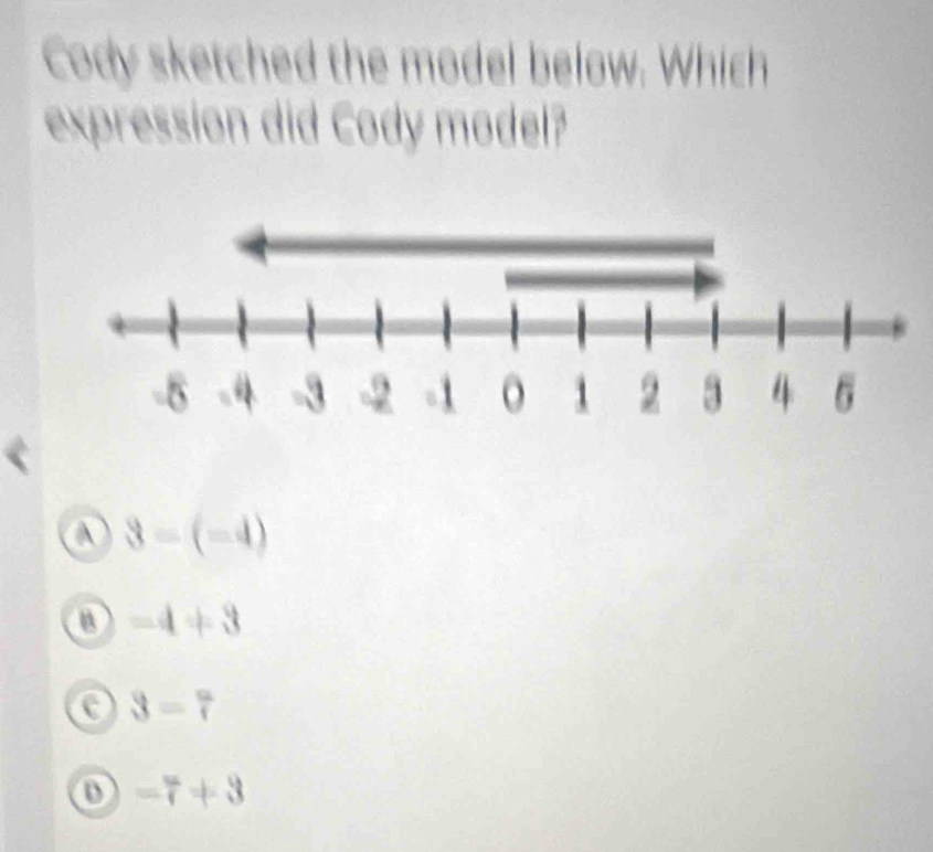 Cody sketched the model below. Which
expression did Cody model?
3-(-4)
-4+3
3=7
o =7+3