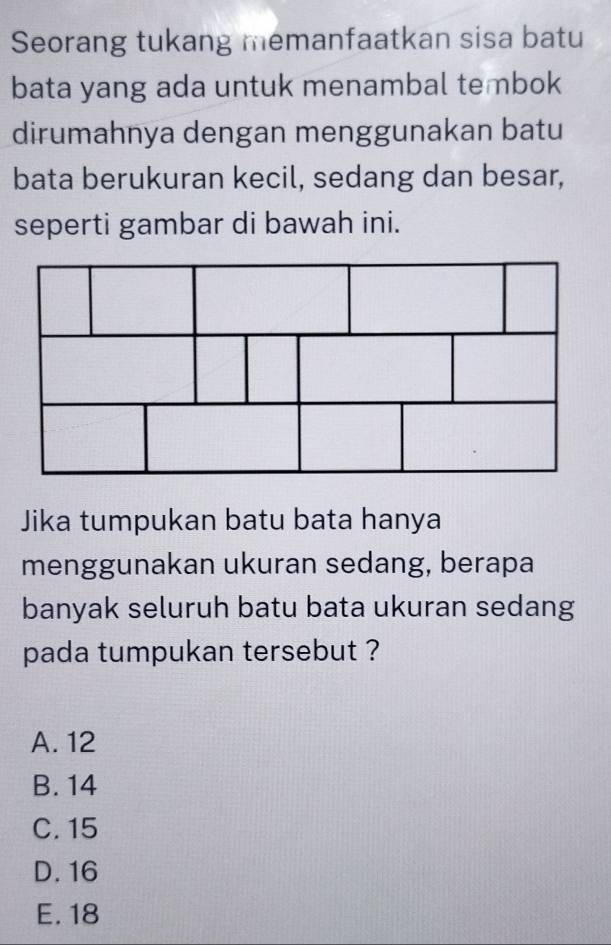 Seorang tukang memanfaatkan sisa batu
bata yang ada untuk menambal tembok
dirumahnya dengan menggunakan batu
bata berukuran kecil, sedang dan besar,
seperti gambar di bawah ini.
Jika tumpukan batu bata hanya
menggunakan ukuran sedang, berapa
banyak seluruh batu bata ukuran sedang
pada tumpukan tersebut ?
A. 12
B. 14
C. 15
D. 16
E. 18