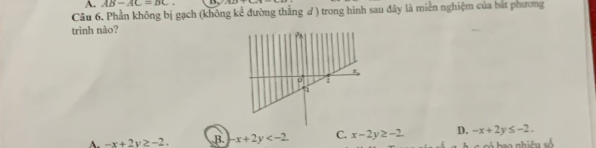 AB-AC=BC. 
Câu 6. Phần không bị gạch (không kể đường thằng d ) trong hình sau đây là miền nghiệm của bắt phương
trình nào?
A. -x+2y≥ -2. B. -x+2y . C. x-2y≥ -2. D. -x+2y≤ -2.