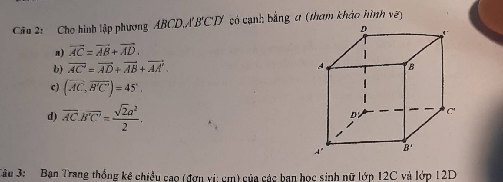 Cho hình lập phương ABCD.A'B'C'D' có cạnh bằng a (tham khảo hình vẽ)
a) vector AC=vector AB+vector AD.
b) overline AC'=overline AD+overline AB+overline AA'.
c) (overline AC,overline B'C')=45°.
d) overline AC.overline B'C'= sqrt(2)a^2/2 .
Câu 3:  Bạn Trang thống kê chiều cao (đơn vị: cm) của các ban học sinh nữ lớp 12C và lớp 12D