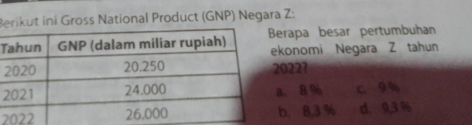 Berikut ini Gross National Product (GNP) Negara Z:
erapa besar pertumbuhan
T
konomi Negara Z tahun
0227
2. 8 %
C. 9%
2. 8,3 % d. 9,3 %