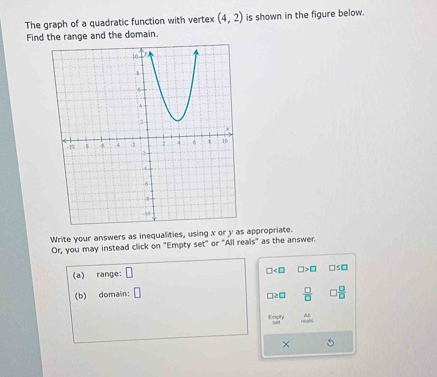 The graph of a quadratic function with vertex (4,2) is shown in the figure below. 
Find the range and the domain. 
Write your answers as inequalities, using x or y as appropriate. 
Or, you may instead click on "Empty set" or "All reals" as the answer. 
(a) range: □
□ □ >□ □ ≤ □
(b) domain: □  □ /□   □  □ /□  
□ ≥ □
AJ 
Empty reals 
set 
×