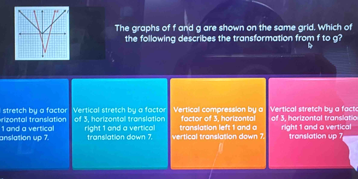 The graphs of f and g are shown on the same grid. Which of
the following describes the transformation from f to g?
stretch by a factor . Vertical stretch by a factor Vertical compression by a Vertical stretch by a facto
rizontal translation of 3, horizontal translation factor of 3, horizontal of 3, horizontal translatio
1 and a vertical right 1 and a vertical translation left 1 and a right 1 and a vertical
anslation up 7. translation down 7. vertical translation down 7. translation up 7