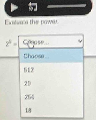 Evaluate the power.
2^9=