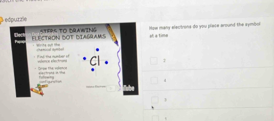 edpuzzle
How many electrons do you place around the symbol
at a time
2
4
3
1