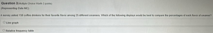 Question 3(Multiple Choice Worth 2 points.)
(Representing Dala MC)
A survey asked 150 coffee drinkers for their favorite flavor among 25 different creamers. Which of the following displays would be best to compare the percentages of each flavor of creamer?
Line graph
Relative frequency table