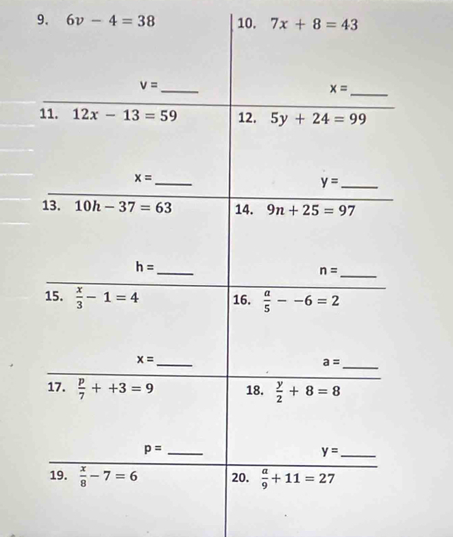 6v-4=38 10. 7x+8=43