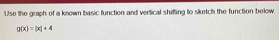 Use the graph of a known basic function and vertical shifting to sketch the function below.
g(x)=|x|+4