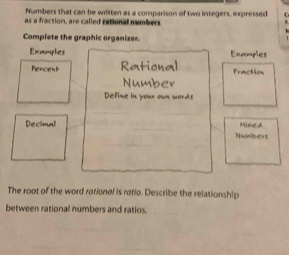 Numbers that can be written as a comparison of two integers, expressed C 
as a fraction, are called rational numbers. B. 

Complete the graphic organizer. 
Examples Examples 
Percent Rational Fraction 
Number 
Define in your own words 
Decimal Mixed 
Numbers 
The root of the word rational is ratio. Describe the relationship 
between rational numbers and ratios.