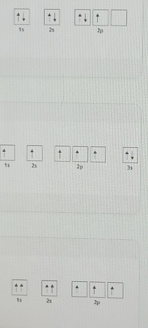 1s 2s 2p
↑ ↑ ↑
1s 2s 2p 3s
^↑ ↑ `
1s 2s 2p