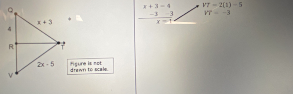 VT=-3
beginarrayr x+3=4 _ -3-3 x=1endarray VT=2(1)-5
Figure is not
drawn to scale.