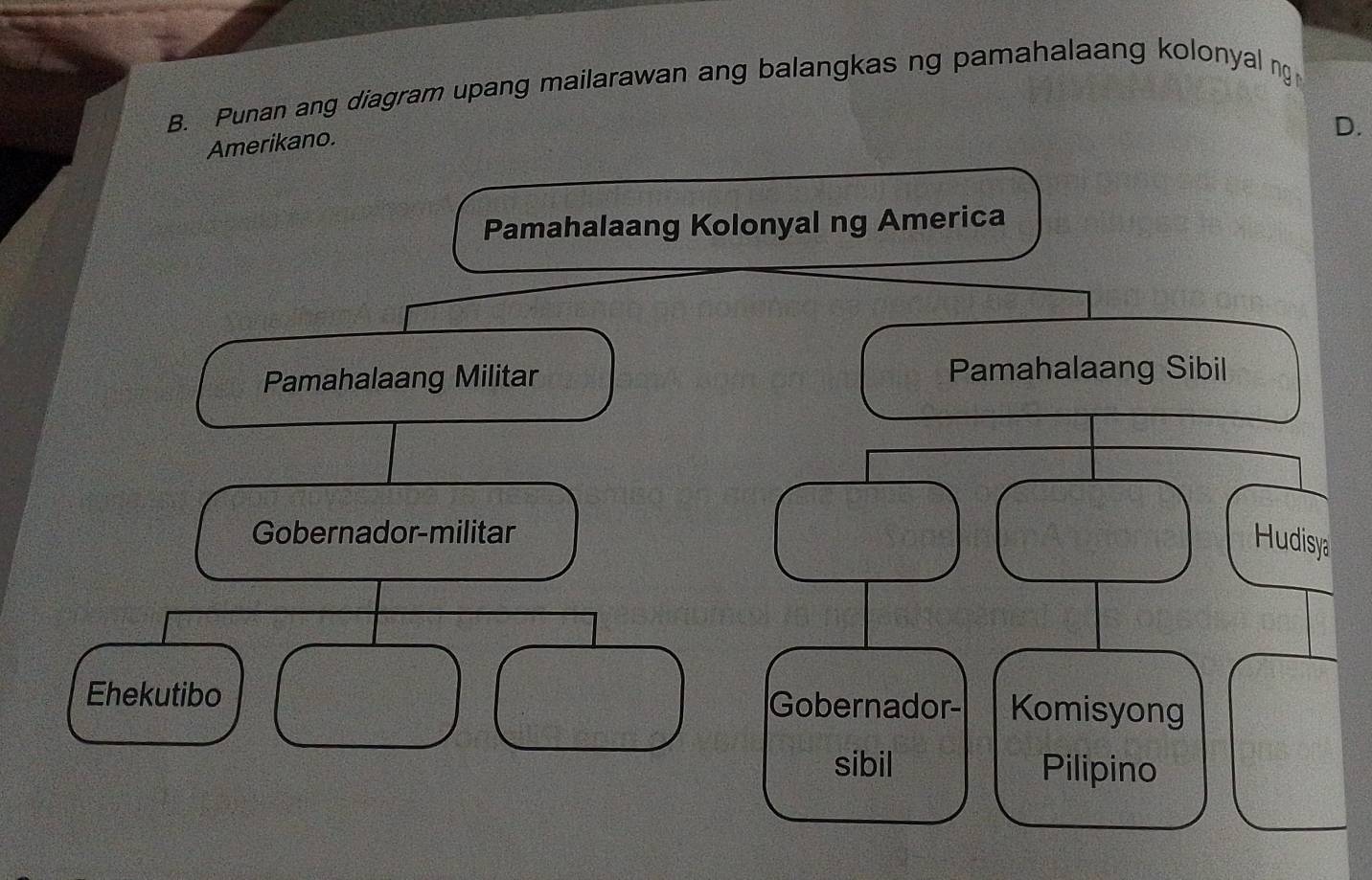 Punan ang diagram upang mailarawan ang balangkas ng pamahalaang kolonyal n
D.
Amerikano.
Pamahalaang Kolonyal ng America
Pamahalaang Militar Pamahalaang Sibil
Gobernador-militar
Hudisya
Ehekutibo Gobernador- Komisyong
sibil Pilipino