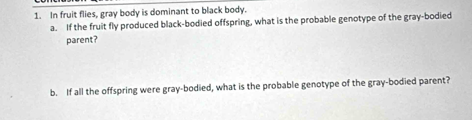 In fruit flies, gray body is dominant to black body. 
a. If the fruit fly produced black-bodied offspring, what is the probable genotype of the gray-bodied 
parent? 
b. If all the offspring were gray-bodied, what is the probable genotype of the gray-bodied parent?