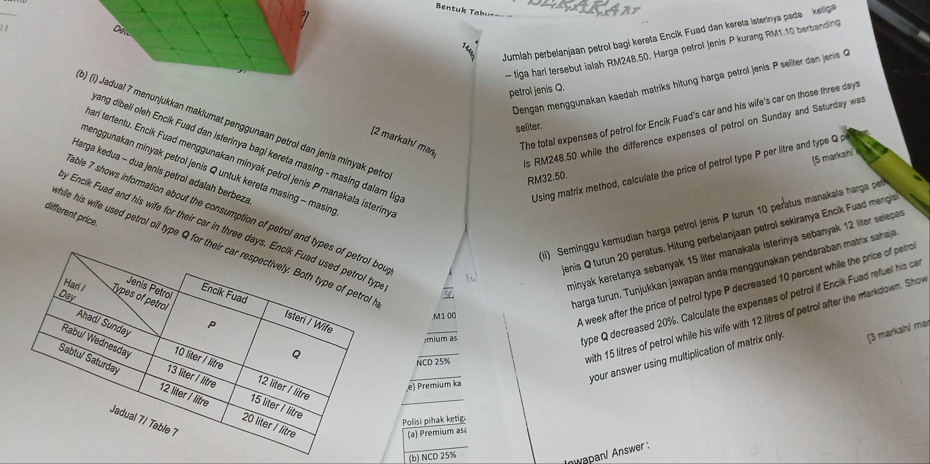 Bentuk Tabura
1 1
Dere
Jumlah perbelanjaan petrol bagi kereta Encik Fuad dan kereta isterinya pada  ketiga
- tiga hari tersebut ialah RM248.50. Harga petrol Jenis P kurang RM1.10 berbanding
Dengan menggunakan kaedah matriks hitung harga petrol jenis P seliter dan jenis C
petrol jenis Q.
) (i) Jadual 7 menunjukkan maklumat penggunaan petrol dan jenis minyak petr
seliter.
is RM248.50 while the difference expenses of petrol on Sunday and Saturday wa
[2 markah/ mar
The total expenses of petrol for Encik Fuad's car and his wife's car on those three day
ang dibeli oleh Encik Fuad dan isterinya bagi kereta masing - masing dalam tig
[5 markah/
ari tertentu. Encik Fuad menggunakan minyak petrol jenis P manakala isteriny
menggunakan minyak petrol jenis Q untuk kereta masing - masin 
Harga kedua - dua jenis petrol adalah berbeza
Using matrix method, calculate the price of petrol type P per litre and type Q p
RM32.50.
(ii) Seminggu kemudian harga petrol jenis P turun 10 peratus manakaia harga pett
different price. able 7 shows information about the consumption of petrol and tot
y Encik Fuad and his wife for their car in three days
jenis Q turun 20 peratus. Hitung perbelanjaan petrol sekiranya Encik Fuad mengis
hile his wife used petrol oil type Q for 
minyak keretanya sebanyak 15 liter manakala isterinya sebanyak 12 liter selepa
harga turun. Tunjukkan jawapan anda menggunakan pendaraban matrix sahaja
type Q decreased 20%. Calculate the expenses of petrol if Encik Fuad refuel his ca
.M1 00
A week after the price of petrol type P decreased 10 percent while the price of petro
mium as
your answer using multiplication of matrix only 
NCD 25%
with 15 litres of petrol while his wife with 12 litres of petrol after the markdown. Show
[3 markah/ ma
(e) Premium ka
Polisi pihak ketig.
(a) Premium asa
(b) NCD 25%
nwapan/ Answer :