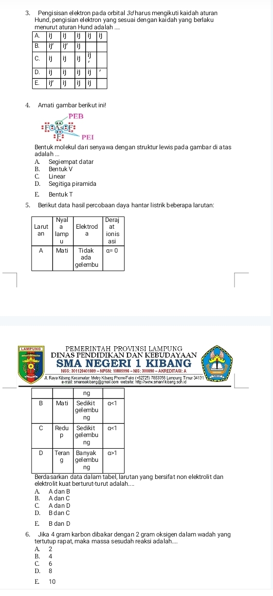 Pengisisan elektron pada orbital 3d harus mengikuti kaidah aturan
Hund, pengisian elektron yang sesuai dengan kaidah yang berlaku
menurut aturan Hund adalah ....
4. Amati gambar berikut ini!
beginarrayr PEB ^+endarray
Bentuk molekul dari senyawa dengan struktur lewis pada gambar di atas
adalah ...
A. Segiempat datar
B. Bentuk V
C. Linear
D. Segitiga piramida
E. Bentuk T
5. Berikut data hasil percobaan daya hantar listrik beberapa larutan:
PEMERINTAH PROVINSI LAMPUNG
DINAS PENDIDIKAN DAN KEBUDAYAAN
SMA NEGERI 1 KIBANG
JI, Rava Kibang Kecamalan Mebro Kibang Phone/Faks (+62725) 7853058 Lampung Timur 34131
tan yang bersifat non elektrolit dan
elektrolit kuat berturut-turut adalah....
A. A dan B
B. A dan C
C. A dan D
D. B dan C
E. B dan D
6. Jika 4 gram karbon dibakar dengan 2 gram oksigen dalam wadah yang
tertutup rapat, maka massa sesudah reaksi adalah....
A. 2
B. 4
C. 6
D. 8
E. 10