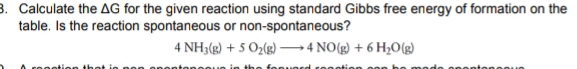 Calculate the △ G for the given reaction using standard Gibbs free energy of formation on the 
table. Is the reaction spontaneous or non-spontaneous?
4NH_3(g)+5O_2(g)to 4NO(g)+6H_2O(g)