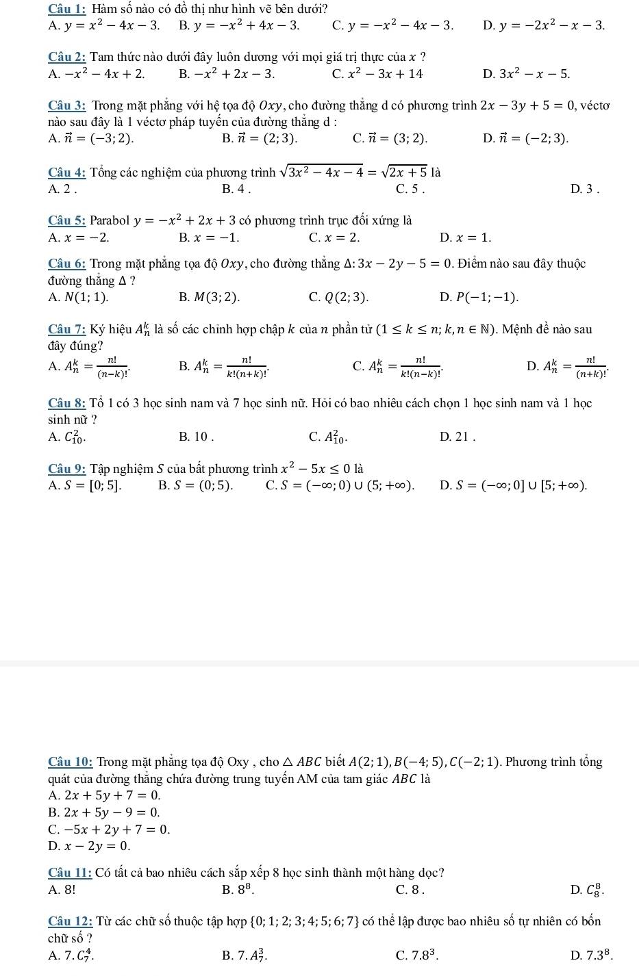 Hàm số nào có đồ thị như hình vẽ bên dưới?
A. y=x^2-4x-3. B. y=-x^2+4x-3. C. y=-x^2-4x-3. D. y=-2x^2-x-3.
Câu 2: Tam thức nào dưới đây luôn dương với mọi giá trị thực của x?
A. -x^2-4x+2. B. -x^2+2x-3. C. x^2-3x+14 D. 3x^2-x-5.
Câu 3: Trong mặt phẳng với hệ tọa độ Oxy, cho đường thẳng d có phương trình 2x-3y+5=0 , vécto
nào sau đây là 1 véctơ pháp tuyến của đường thắng d :
A. vector n=(-3;2). B. vector n=(2;3). C. vector n=(3;2). D. vector n=(-2;3).
Câu 4: Tổng các nghiệm của phương trình sqrt(3x^2-4x-4)=sqrt(2x+5) là
A. 2 . B. 4 . C. 5 . D. 3 .
Câu 5: Parabol y=-x^2+2x+3 có phương trình trục đối xứng là
A. x=-2. B. x=-1. C. x=2. D. x=1.
Câu 6: Trong mặt phẳng tọa độ Oxy, cho đường thắng^(3x-2y-5=0. Điểm nào sau đây thuộc
đường thắng A ?
A. N(1;1). B. M(3;2). C. Q(2;3). D. P(-1;-1).
Câu 7: Ký hiệu A_n^k là số các chinh hợp chập k của n phần tử (1≤ k≤ n;k,n∈ N). Mệnh đề nào sau
đây đúng?
A. A_n^k=frac n!)(n-k)!. B. A_n^(k=frac n!)k!(n+k)!. C. A_n^(k=frac n!)k!(n-k)!. D. A_n^(k=frac n!)(n+k)!.
Câu 8: Tổ 1 có 3 học sinh nam và 7 học sinh nữ. Hỏi có bao nhiêu cách chọn 1 học sinh nam và 1 học
sinh nữ ?
A. C_(10)^2. B. 10 . C. A_(10)^2. D. 21 .
Câu 9: Tập nghiệm S của bất phương trình x^2-5x≤ 0 là
A. S=[0;5]. B. S=(0;5). C. S=(-∈fty ;0)∪ (5;+∈fty ). D. S=(-∈fty ;0]∪ [5;+∈fty ).
Câu 10: Trong mặt phẳng tọa độ Oxy , cho △ ABC biết A(2;1),B(-4;5),C(-2;1). Phương trình tổng
quát của đường thẳng chứa đường trung tuyến AM của tam giác ABC là
A. 2x+5y+7=0.
B. 2x+5y-9=0.
C. -5x+2y+7=0.
D. x-2y=0.
Câu 11: Có tất cả bao nhiêu cách sắp xếp 8 học sinh thành một hàng dọc?
A. 8! B. 8^8. C. 8 . D. C_8^(8.
Câu 12: Từ các chữ số thuộc tập hợp  0;1;2;3;4;5;6;7) có thể lập được bao nhiêu số tự nhiên có bốn
ch hat UShat O.)
A. 7.C_7^(4. B. 7.A_7^3. C. 7.8^3). D. 7.3^8.