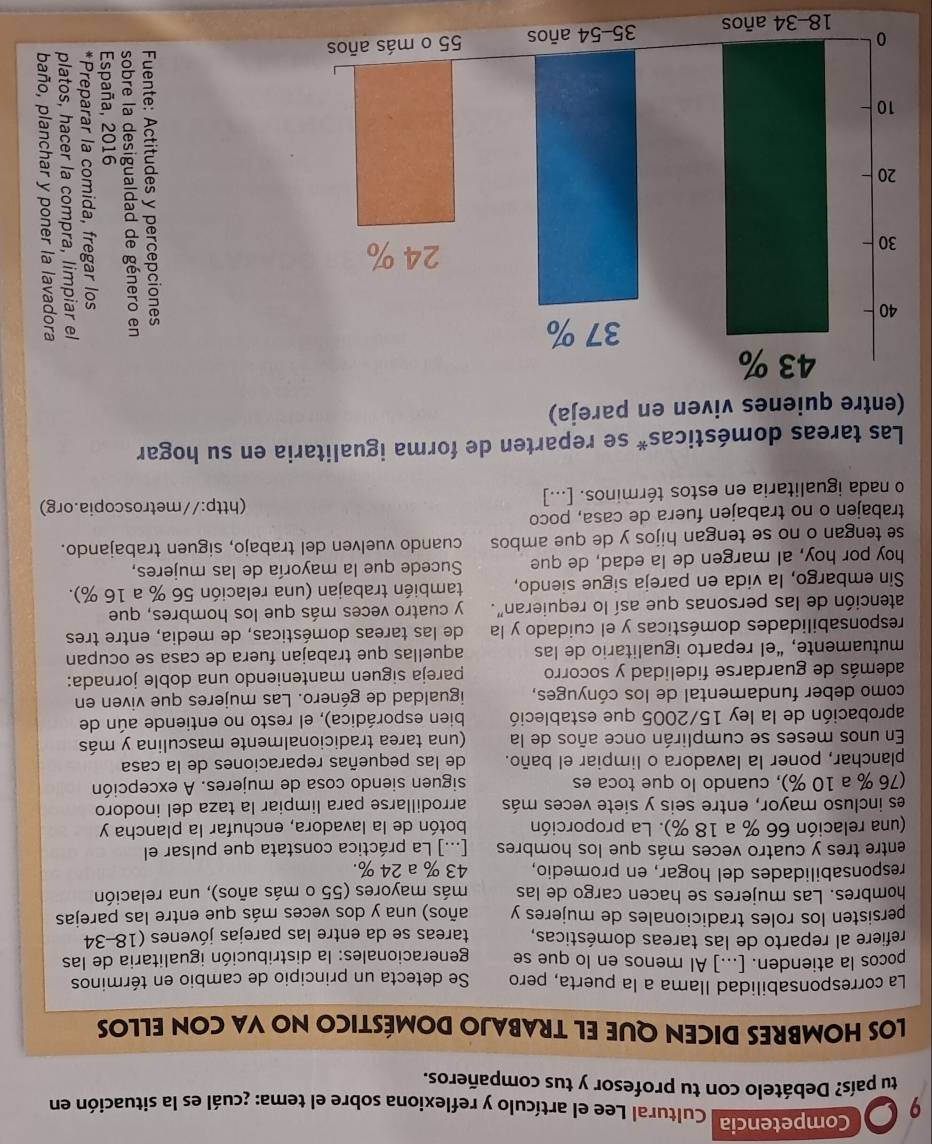 Competencia Cultural Lee el artículo y reflexiona sobre el tema: ¿cuál es la situación en
tu país? Debátelo con tu profesor y tus compañeros.
LOS HOMBRES DICEN QUE EL TRABAJO DOMÉSTICO NO VA CON ELLOS
La corresponsabilidad Ilama a la puerta, pero Se detecta un principio de cambio en términos
pocos la atienden. [...] AI menos en lo que se
refiere al reparto de las tareas domésticas, generacionales: la distribución igualitaria de las
tareas se da entre las parejas jóvenes (18-34
persisten los roles tradicionales de mujeres y años) una y dos veces más que entre las parejas
hombres. Las mujeres se hacen cargo de las más mayores (55 o más años), una relación
responsabilidades del hogar, en promedio, 43 % a 24 %.
entre tres y cuatro veces más que los hombres [...] La práctica constata que pulsar el
(una relación 66 % a 18 %). La proporción botón de la lavadora, enchufar la plancha y
es incluso mayor, entre seis y siete veces más arrodillarse para limpiar la taza del inodoro
(76 % a 10 %), cuando lo que toca es siguen siendo cosa de mujeres. A excepción
planchar, poner la lavadora o limpiar el baño. de las pequeñas reparaciones de la casa
En unos meses se cumplirán once años de la  (una tarea tradicionalmente masculina y más
aprobación de la ley 15/2005 que estableció bien esporádica), el resto no entiende aún de
como deber fundamental de los cónyuges, igualdad de género. Las mujeres que viven en
además de guardarse fidelidad y socorro pareja siguen manteniendo una doble jornada:
mutuamente, “el reparto igualitario de las aquellas que trabajan fuera de casa se ocupan
responsabilidades domésticas y el cuidado y la de las tareas domésticas, de media, entre tres
atención de las personas que así lo requieran". y cuatro veces más que los hombres, que
Sin embargo, la vida en pareja sigue siendo, también trabajan (una relación 56 % a 16 %).
hoy por hoy, al margen de la edad, de que  Sucede que la mayoría de las mujeres,
se tengan o no se tengan hijos y de que ambos cuando vuelven del trabajo, siguen trabajando.
trabajen o no trabajen fuera de casa, poco
(http://metroscopia.org)
o nada igualitaria en estos términos. [...]
Las tareas domésticas* se reparten de forma igualitaria en su hogar
(entre quienes viven en pareja)