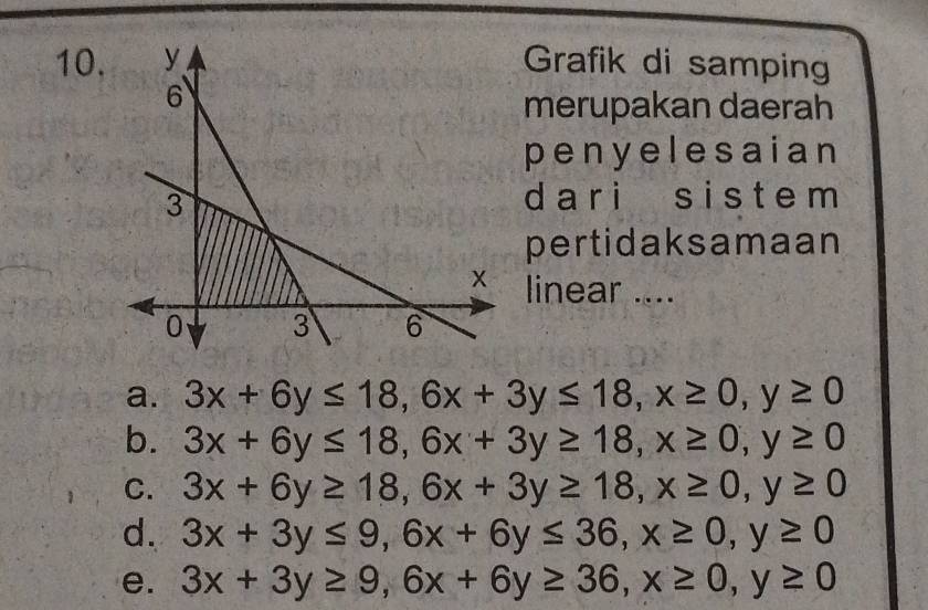 10,Grafik di samping
merupakan daerah
penyelesaian
d a r i s i st e m
pertidaksamaan
linear ....
a. 3x+6y≤ 18, 6x+3y≤ 18, x≥ 0, y≥ 0
b. 3x+6y≤ 18, 6x+3y≥ 18, x≥ 0, y≥ 0
C. 3x+6y≥ 18, 6x+3y≥ 18, x≥ 0, y≥ 0
d. 3x+3y≤ 9, 6x+6y≤ 36, x≥ 0, y≥ 0
e. 3x+3y≥ 9, 6x+6y≥ 36, x≥ 0, y≥ 0