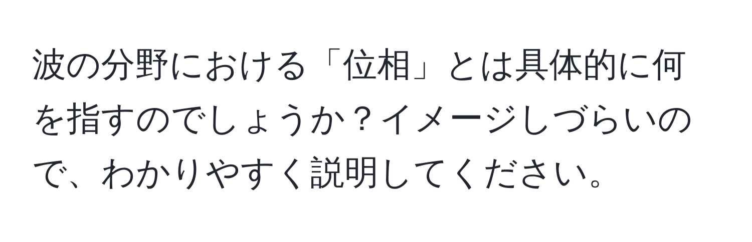 波の分野における「位相」とは具体的に何を指すのでしょうか？イメージしづらいので、わかりやすく説明してください。