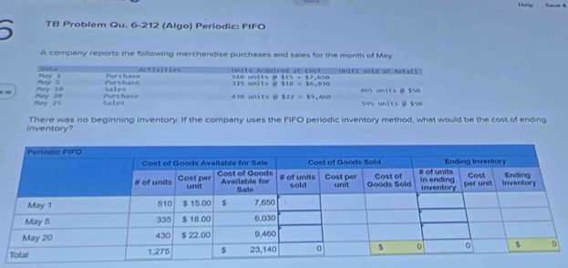 Save 6
5 TB Problem Qu. 6-212 (Algo) Periodic: FIFO
A company reports the following merchandise purchases and sales for the month of May.
r
There was no beginning inventory. If the company uses the FIFO periodic inventory method, what would be the cost of ending
inventory?