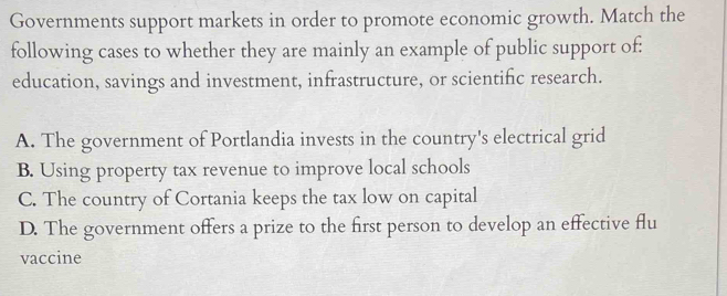 Governments support markets in order to promote economic growth. Match the
following cases to whether they are mainly an example of public support of:
education, savings and investment, infrastructure, or scientific research.
A. The government of Portlandia invests in the country's electrical grid
B. Using property tax revenue to improve local schools
C. The country of Cortania keeps the tax low on capital
D. The government offers a prize to the first person to develop an effective flu
vaccine