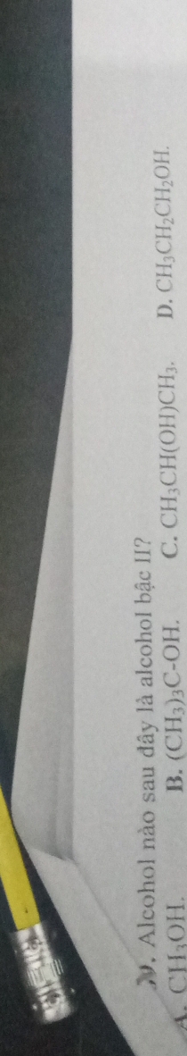 Alcohol nào sau đây là alcohol bậc II?
A. CH₃OH. B. (CH_3)_3C-OH. C. CH_3CH(OH)CH_3. D. CH_3CH_2CH_2OH.